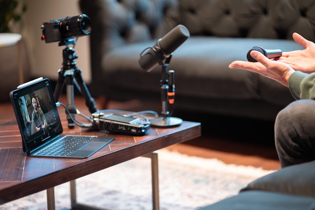 Man recording podcast in professional studio