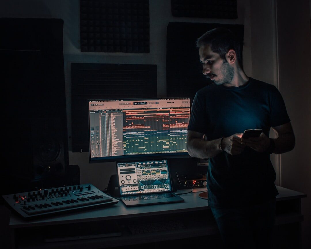 Dark professional recording studio at night